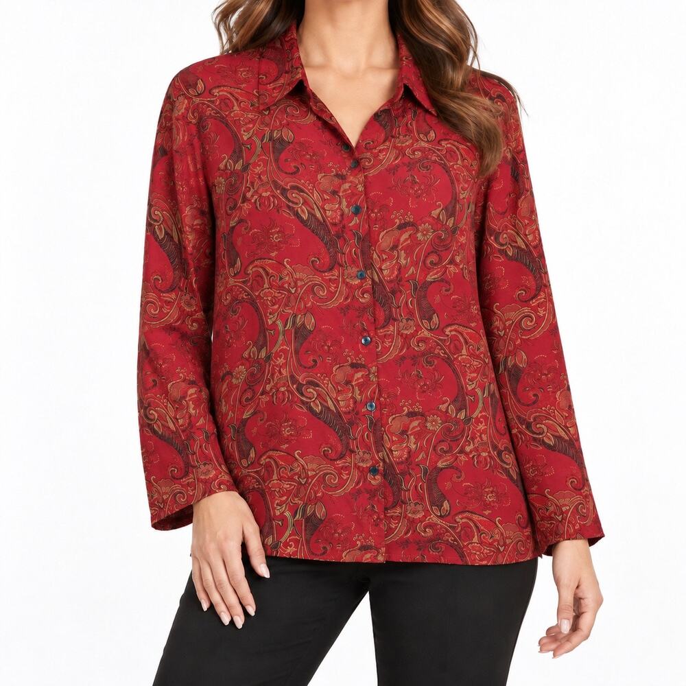 Chicos Design Sz XL 3 Red SILK BLEND Formal Christmas Blouse Shirt Top Holiday